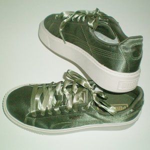 Womens Puma Basket Platform Satin Trainers